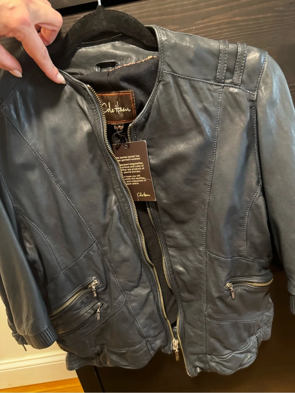 Cole Haan Women's Dark Navy Leather Bomber Jacket M (fits lik true S) NEVER WORN